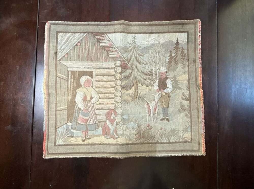 Vintage Gobelin Wall Hanging Tapestry Village Scene with Log Cabin, Dogs